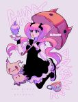  1girl 3others :3 artist_name black_dress black_eyes blush breasts copyright_name crossover dress eyelashes full_body highres holding holding_umbrella litwick long_hair looking_at_another looking_at_viewer medium_breasts mih0 mimikyu multiple_others one_piece open_mouth perona pink_hair pink_ribbon pokemon pokemon_(creature) ribbon sinistea title trait_connection twintails twitter_username umbrella very_long_hair 