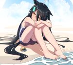  1girl ahoge animal_ears artist_name bare_legs barefoot beach black_hair blue_one-piece_swimsuit blue_sky closed_mouth cloud cloudy_sky eyelashes feet hair_between_eyes hair_ornament highres horse_ears horse_girl hugging_own_legs knees_up leaning_forward legs long_hair long_legs manhattan_cafe_(umamusume) one-piece_swimsuit outdoors school_swimsuit shadow sitting sky soaking_feet solo special_cat swimsuit toenails toes umamusume very_long_hair yellow_eyes 