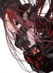  1girl armor armored_dress bare_shoulders black_armor black_dress black_eyes black_headwear bonnet breasts detached_sleeves dress fate/grand_order fate_(series) hair_between_eyes hanging heterochromia highres long_hair looking_at_viewer medium_breasts open_mouth red_hair simple_background solo typhon_ephemeros_(fate) very_long_hair white_background yellow_eyes yorurokujuu 