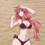  blue_eyes breasts closers large_breasts long_hair looking_at_viewer pink_hair sand seulbi_lee smile swimsuit zergling_(cdror1004) 