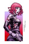  1girl black_bodysuit black_widow blood blood_on_body blood_on_clothes blood_on_face blood_on_hands blood_on_weapon bodysuit breasts character_name commentary english_commentary gun handgun highres holding holding_gun holding_weapon large_breasts marvel medium_hair natasha_romanoff parted_lips red_hair renedraws sideboob solo twisted_torso upper_body weapon 