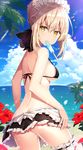  apron artoria_pendragon_(all) artoria_pendragon_(swimsuit_rider_alter) ass bangs bare_arms bare_back beach bikini black_bikini blonde_hair blue_sky braid breasts cloud contrapposto cowboy_shot day eating eyebrows_visible_through_hair fate/grand_order fate_(series) flower food food_in_mouth french_braid frilled_bikini frilled_skirt frills from_behind hair_ribbon hibiscus horizon lace lace-trimmed_bikini lace_trim leg_garter lens_flare looking_at_viewer looking_back maid_headdress medium_breasts mouth_hold ocean outdoors palm_tree petals popsicle ribbon rin_yuu short_hair sideboob sidelocks signature skirt sky solo standing summer swimsuit tree water yellow_eyes 