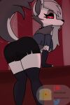2023 2:3 anthro artist_name beanontoast bent_over bottomwear breasts butt canid canid_demon canine clothed clothing collar crop_top demon detailed_background digital_drawing_(artwork) digital_media_(artwork) female fingerless_gloves fluffy fluffy_tail fur gloves grey_body grey_fur hair handwear hellhound helluva_boss hi_res inside legwear long_hair long_tail looking_at_viewer looking_back looking_back_at_viewer loona_(helluva_boss) mammal motion_lines multicolored_body multicolored_fur mythological_canine mythological_creature mythology off_shoulder red_sclera shirt shorts silver_hair snout solo spiked_collar spikes tail thigh_highs topwear two_tone_body two_tone_fur under_boob watermark white_body white_eyes white_fur