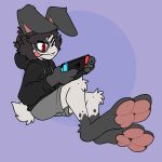 1:1 absurd_res anthro black_hair bottomwear clothing eye_spot fur grey_body grey_fur hair half-closed_eyes hi_res hoodie knee_tuft lagomorph leg_tuft leporid male mammal multicolored_body multicolored_fur narrowed_eyes nintendo nintendo_switch one_eye_closed pawpads paws pink_pawpads purple_background rabbit shorts simple_background smile solo tongue tongue_out topwear tuft two_tone_body two_tone_fur white_body white_fur xing1