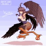  1girl ahoge ass bird_legs brown_feathers brown_hair brown_wings commentary_request feathered_wings feathers harpy kawasumi_(tk2k_jade) long_hair lowres monster_girl open_mouth original pixel_art pointy_ears red_eyes sidelocks solo talons twitter_username winged_arms wings 