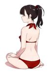  ass bikini black_hair closed_mouth commentary_request from_behind full_body halter_top halterneck high_ponytail kawai_makoto original red_bikini shiny shiny_hair simple_background sitting solo swimsuit white_background 