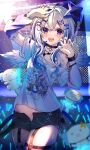  1girl ahoge amane_kanata amane_kanata_(punk_rock) arm_up arm_warmers bear_hair_ornament black_collar black_shorts blue_hair blue_wings character_print chest_harness claw_pose collar colored_inner_hair concert crossed_bangs double-parted_bangs feathered_wings fishnet_pantyhose fishnets glowstick gradient_wings grey_hair hair_intakes hair_ornament hairclip halo hand_up harness heart_o-ring highres hololive kurusu_rei looking_at_viewer medium_hair mini_wings multicolored_hair multicolored_wings nail_polish o-ring o-ring_harness o-ring_thigh_strap official_alternate_costume official_alternate_hairstyle open_fly paint_splatter pantyhose pink_hair print_shirt punk purple_eyes purple_nails self_character_print shirt short_shorts short_sleeves shorts sidelocks single_arm_warmer single_bare_shoulder single_leg_pantyhose solo star_halo streaked_hair t-shirt thigh_strap upao_(amane_kanata) virtual_youtuber wavy_hair white_shirt wings x_hair_ornament 