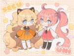  2girls :3 ahoge animal_ears black_necktie black_sailor_collar blonde_hair bloomers blue_eyes bright_pupils cat_ears character_name closed_mouth collared_dress deformed dress facial_mark fake_animal_ears frilled_sleeves frills grey_ribbon hair_between_eyes hair_ribbon heart heart-shaped_pupils hn_(artist) holding_hands long_hair long_sleeves looking_at_viewer multiple_girls necktie orange_dress orange_footwear pink_dress pink_hair ribbon sailor_collar seeu side_ponytail smile star-shaped_pupils star_(symbol) symbol-shaped_pupils thighhighs under_night_in-birth uni_(vocaloid) very_long_hair vocaloid wavy_hair white_bloomers white_pupils white_ribbon white_thighhighs 