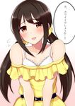  bare_shoulders belt black_hair blush breasts brown_eyes cleavage commentary_request gradient gradient_background h3po4_chiba idolmaster idolmaster_cinderella_girls long_hair looking_at_viewer nakano_yuka small_breasts smile solo translated twintails 