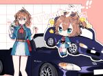  1girl belt blue_eyes blue_nails blue_socks brown_hair car chibi closed_mouth commission cup disposable_cup eto_(etonomemo1008) hair_between_eyes holding holding_cup honda_s2000 kantai_collection motor_vehicle multiple_views nail_polish parted_lips ponytail sheffield_(kancolle) signature simple_background skeb_commission socks 
