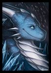  2017 ambiguous_form ambiguous_gender black_border blue_eyes blue_scales border digital_media_(artwork) digital_painting_(artwork) dragon glacius_draconian headshot_portrait horn ice looking_away multicolored_scales portrait quirachen scales scalie side_view signature smile solo spikes two_tone_scales white_horn white_scales 