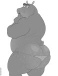 absurd_res anthro belly big_belly big_butt bikini_thong bodily_fluids body_hair butt butt_hair clothed clothing common_hippopotamus dreamworks finger_to_mouth greyscale hairy_body hi_res hippopotamid looking_at_butt looking_at_self looking_back looking_down madagascar_(series) male mammal monochrome mostly_nude moto_moto musclegut muscular rear_view signature solo sweat sweatdrop sweaty_butt swimwear thick_thighs thong thong_only topless tylerstark underwear underwear_only