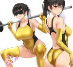  1girl absurdres amagami ass barbell bare_shoulders black_eyes black_hair black_one-piece_swimsuit blush breasts closed_mouth commentary_request commission competition_swimsuit covered_eyes covered_navel dated elbow_gloves exercise gloves hair_between_eyes highleg highleg_swimsuit highres holding holding_towel large_breasts looking_at_viewer multiple_views one-piece_swimsuit parted_lips pixiv_commission ponytail short_hair signature simple_background sleep_mask squatting steaming_body sweat swimsuit teeth thighhighs towel tsukahara_hibiki turning_head two-tone_swimsuit weightlifting white_background white_towel wiping_sweat yellow_gloves yellow_one-piece_swimsuit yellow_thighhighs yoo_tenchi 