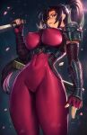  1girl absurdres armor artist_name black_hair bodysuit breasts covered_navel covered_nipples fingerless_gloves from_below gatery gloves high_ponytail highres horns large_breasts long_hair long_sleeves ninja ponytail red_bodysuit short_sword shoulder_armor skin_tight soulcalibur spikes sword taki_(soulcalibur) tantou twitter_username weapon 