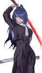  1girl absurdres acheron_(honkai:_star_rail) ahoge arm_up black_serafuku black_skirt blue_hair commentary_request cowboy_shot hair_over_one_eye highres holding holding_sword holding_weapon honkai:_star_rail honkai_(series) kagurachi katana long_hair looking_at_viewer necktie purple_eyes scabbard school_uniform serafuku sheath simple_background skirt solo standing sword very_long_hair weapon white_background white_necktie 