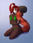  2017 anthro bikini breasts cleavage clothed clothing conditional_dnp female green_eyes hair jewelry kadath kneeling long_tail mammal necklace red_hair red_panda solo swimsuit 