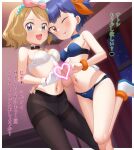 2girls :d anklet black_choker blonde_hair blue_bra blue_choker blue_eyes blue_hair blue_panties blurry blurry_background blush border bow_hairband bra bracelet choker closed_mouth commentary_request eyelashes gazing_eye hairband heart heart_hands heart_hands_duo highres indoors jewelry knees leg_up looking_at_viewer looking_down miette_(pokemon) multiple_girls navel one_eye_closed open_mouth orange_eyes orange_hairband panties pantyhose pokemon pokemon_(anime) pokemon_xy_(anime) serena_(pokemon) shoes short_hair smile tongue tongue_out translation_request underwear white_border white_bra 