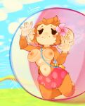 accessory against_surface anthro bottomwear breast_squish breasts clothed clothing female flower flower_in_hair frown hair hair_accessory haplorhine hi_res mammal meemee monkey on_glass onimiere plant primate skirt solo squish topless