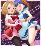  2girls :d ;d anklet black_choker blonde_hair blue_choker blue_dress blue_eyes blue_hair blurry blurry_background blush border bow bow_hairband bracelet choker commentary_request dress eyelashes gazing_eye hairband heart heart_hands heart_hands_duo highres indoors jewelry knees leg_up looking_at_viewer looking_down miette_(pokemon) multiple_girls one_eye_closed open_mouth orange_eyes orange_hairband pantyhose pink_dress pokemon pokemon_(anime) pokemon_xy_(anime) red_bow serena_(pokemon) shoes short_hair sleeveless sleeveless_dress smile white_border 