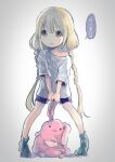  1girl blonde_hair brown_eyes comeco full_body futaba_anzu idolmaster idolmaster_cinderella_girls long_hair looking_at_viewer low_twintails parted_lips shirt shorts single_bare_shoulder sketch solo stuffed_animal stuffed_rabbit stuffed_toy t-shirt twintails 