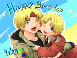  2boys :d aged_down black_necktie blonde_hair blue_eyes claude_kenni dated dual_persona fingerless_gloves gloves happy_birthday headband highres jacket looking_at_viewer male_focus minat111 multiple_boys necktie one_eye_closed open_mouth red_headband short_hair smile star_ocean star_ocean_the_second_story 