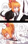  1girl 2koma bent_over bow bright_pupils brown_eyes comic crying crying_with_eyes_open dress_shirt hetero highres implied_sex instant_loss_2koma jacket korean narynn narynn_(character) necktie orange_hair original ponytail sex shirt skirt smile sweat tears translated white_pupils 
