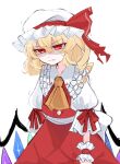  1girl aorin_oekaki ascot blonde_hair cowboy_shot crystal_wings dress flandre_scarlet frills hat hat_ribbon highres mob_cap red_dress red_eyes red_ribbon ribbon simple_background solo too_many too_many_frills touhou white_background yellow_ascot 