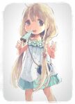  1girl bag blonde_hair brown_eyes comeco dress food futaba_anzu handbag ice_cream idolmaster idolmaster_cinderella_girls long_hair looking_at_viewer low_twintails open_mouth solo twintails v 