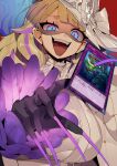  1girl blonde_hair blue_eyes breasts card diabellze_of_the_original_sin dress duel_monster eye_of_horus gloves hat highres large_breasts long_hair multicolored_hair open_mouth purple_eyes purple_hair ro_g_(oowack) smile solo streaked_hair waking_the_dragon white_dress witch_hat yu-gi-oh! 