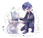  1boy animal black_footwear black_jacket black_pants black_ribbon blue_eyes blue_hair closed_mouth collared_shirt dog full_body gekkoukan_high_school_uniform highres jacket koromaru_(persona) long_sleeves looking_at_another musical_note nagomaru neck_ribbon on_one_knee open_clothes open_jacket pants persona persona_3 petting ribbon school_uniform shirt short_hair simple_background white_shirt white_wings wings yuuki_makoto_(persona_3) 