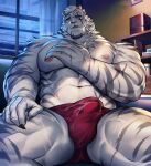  1boy abs animal_ears arknights artist_name bara cino cross_scar english_commentary fangs furry furry_male hand_on_own_chest highres looking_at_viewer male_focus male_underwear mountain_(arknights) multiple_scars muscular muscular_male nipples pectorals red_male_underwear scar scar_across_eye scar_on_arm scar_on_cheek scar_on_chest scar_on_face scar_on_hand scar_on_leg scar_on_stomach suggestive_fluid tiger_boy tiger_ears tiger_stripes underwear 