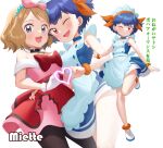  2girls :d ;d black_choker blonde_hair blue_choker blue_dress blue_eyes blue_hair blush bow bow_hairband bracelet character_name choker commentary_request dress eyelashes gazing_eye hairband heart heart_hands heart_hands_duo highres jewelry looking_at_viewer looking_down miette_(pokemon) multiple_girls multiple_views one_eye_closed open_mouth orange_eyes orange_hairband pantyhose pink_dress pokemon pokemon_(anime) pokemon_xy_(anime) red_bow serena_(pokemon) short_hair simple_background sleeveless sleeveless_dress smile translation_request white_background 