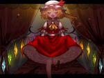 1girl aorin_oekaki ascot blonde_hair blush crystal curtains fang flandre_scarlet hat hat_ribbon highres mary_janes mob_cap one_side_up open_mouth petticoat pointy_ears puffy_sleeves red_footwear ribbon shirt shoes short_hair short_sleeves skirt skirt_hold smile solo touhou wings 