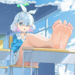  1girl arona_(blue_archive) bare_legs barefoot blue_archive blue_eyes blue_hair blue_sky feet feet_on_table foot_focus hair_ribbon halo highres kass_(2307603199) open_mouth ribbon school_uniform short_hair sky soles solo toes 