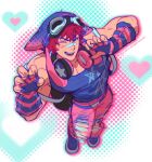  1boy bara beanie bibi_(tokoyami_towa) claw_pose fingernails from_above full_body goggles goggles_on_head hat heart heart_background league_of_legends looking_at_viewer male_focus muscular muscular_male one_eye_closed pants pectoral_cleavage pectorals pink_pants red_hair scar scar_on_face scar_on_nose sett_(league_of_legends) sharp_fingernails short_hair smile solo thick_eyebrows torn_clothes torn_pants yotti 