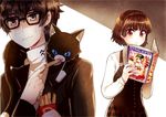  1girl :&lt; amamiya_ren animal animal_on_shoulder black-framed_eyewear black_cat black_hair blush book brown_eyes brown_hair cat cat_focus cat_on_shoulder commentary food french_fries glasses grey_eyes holding holding_book kataro morgana_(persona_5) niijima_makoto persona persona_5 short_hair shuujin_academy_uniform sweatdrop 