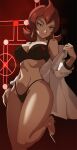  1girl ariana_(pokemon) bikini black_bikini breasts coat flipped_hair hair_between_eyes high_heels highres large_breasts long_sleeves pokemon pokemon_hgss red_eyes red_hair solo swimsuit unworn_coat vivivoovoo white_coat 