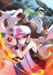  1boy 1girl baseball_cap black_vest blue_eyes brown_hair denim denim_shorts electricity fire green_eyes green_hair hat highres hilda_(pokemon) holding holding_poke_ball jacket long_hair looking_at_viewer n_(pokemon) open_clothes open_vest peron_(niki2ki884) poke_ball poke_ball_(basic) pokemon pokemon_(creature) pokemon_bw ponytail reshiram shirt short_shorts shorts sleeveless sleeveless_shirt vest white_jacket white_shirt zekrom 