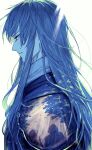  1boy blue_hair cape closed_mouth commentary dated dias_flac edamo highres long_hair male_focus red_eyes signature simple_background solo star_ocean star_ocean_the_second_story white_background 