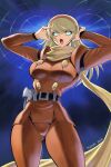  1girl belt blonde_hair blue_eyes breasts commentary_request cyborg cyborg_009 francoise_arnoul gun hairband highres kasaki_yoshihiko long_hair looking_at_viewer open_mouth scarf skin_tight solo thighs weapon yellow_scarf 