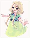  1girl blonde_hair blush brown_eyes comeco dress flower futaba_anzu green_dress hair_flower hair_ornament idolmaster idolmaster_cinderella_girls long_hair low_twintails open_mouth outstretched_arms puffy_short_sleeves puffy_sleeves short_sleeves smile solo spread_arms twintails 