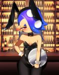  1girl absurdres alcohol alternate_costume animal_ears bar_(place) bare_shoulders black_bow black_bowtie black_leotard black_pantyhose blue_hair bow bowtie breasts closed_mouth collar detached_collar fake_animal_ears hair_over_one_eye hand_on_own_hip highres holding holding_tray leotard long_hair octoling pantyhose playboy_bunny ppuna rabbit_ears red_eyes shiver_(splatoon) small_breasts solo splatoon_(series) splatoon_3 strapless strapless_leotard tentacle_hair tooth_earrings tray white_collar white_wrist_cuffs wrist_cuffs 