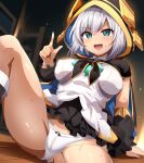  1girl aqua_eyes arm_support black_skirt breasts commentary_request commission covered_nipples crotch detached_sleeves grey_hair hair_ornament highres hood index_finger_raised indoors knee_up looking_at_viewer magukappu medium_breasts on_floor open_mouth original panties pixiv_commission shirt short_hair sitting skirt smile solo spread_legs sweat thighs underwear white_panties white_shirt window wooden_floor 