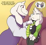  angry anthro asriel_dreemurr bonusjosh boss_monster caprine clothed clothing dressing duo english_text female fur goat hi_res long_ears male mammal mother mother_and_son necktie parent robes simple_background son text thought_bubble toriel undertale video_games white_fur 