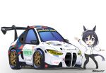  1girl alternate_costume animal_ears bare_shoulders black_hair black_pants bmw bmw_m4 breasts car commentary_request eishin_flash_(umamusume) full_body highres horse_ears horse_girl horse_tail jacket long_sleeves looking_at_viewer motor_vehicle open_mouth pants peteron race_vehicle racecar short_hair smile solo spoiler_(automobile) tail twitter_username umamusume white_jacket 