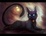  2017 3_toes ambiguous_gender bell_collar black_border black_fur black_nose blue_eyes border cat collar detailed_background digital_media_(artwork) digital_painting_(artwork) feline feral fluffy fluffy_tail full-length_portrait fur glowing glowing_eyes inner_ear_fluff lighting long_tail lying mammal mostly_nude naked_collar on_front paws portrait quadruped quirachen signature sky solo star starry_sky toes whiskers 