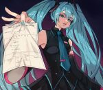  1girl aqua_eyes aqua_hair aqua_nails arm_tattoo bare_shoulders detached_sleeves disgust hatsune_miku holding holding_paper long_hair looking_at_viewer nail_polish necktie number_tattoo open_mouth paper sv02chiyo tattoo teeth twintails very_long_hair vocaloid 