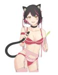  1girl :d animal_ears black_hair black_hairband bra breasts cat_ears cat_tail choker cleavage collarbone contrapposto cropped_legs earrings fake_animal_ears garter_belt groin hairband heart highlights jewelry looking_at_viewer medium_breasts multicolored_hair neck_ribbon open_mouth original panties pink_hair pink_legwear pink_ribbon red_bra red_panties ribbon saruno_(eyesonly712) short_hair simple_background smile solo standing striped tail thighhighs two-tone_hair underwear underwear_only vertical-striped_bra vertical-striped_panties vertical_stripes white_background yellow_eyes 