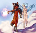  2017 angel animal_genitalia anthro aogami balls canine cub demon digital_media_(artwork) duo feathered_wings feathers fox fur hair hi_res human humanoid male mammal nude penis red_fur simple_background wings young 