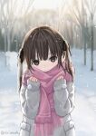  1girl blush breath brown_eyes brown_hair child closed_mouth coat commentary_request day forest long_hair looking_at_viewer nature original pink_scarf pocket ruimado scarf smile snow snowing solo twintails white_coat winter winter_uniform 